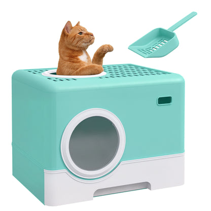 Cat Litter Box Pet Toilet with Scoop Removable Tray 2 Doors Main Entrance and Top Exit 52x41x38.5 cm Green