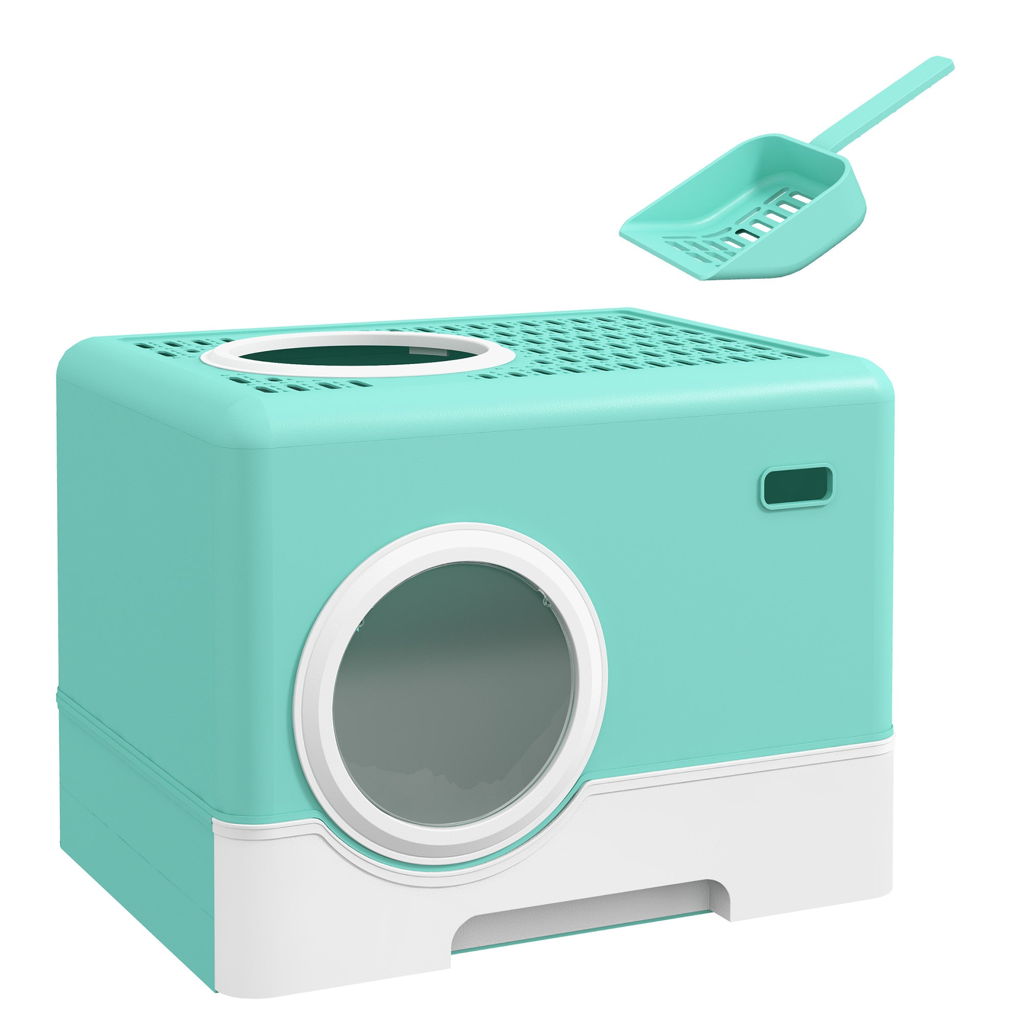Cat Litter Box Pet Toilet with Scoop Removable Tray 2 Doors Main Entrance and Top Exit 52x41x38.5 cm Green