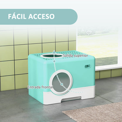 Cat Litter Box Pet Toilet with Scoop Removable Tray 2 Doors Main Entrance and Top Exit 52x41x38.5 cm Green
