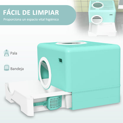 Cat Litter Box Pet Toilet with Scoop Removable Tray 2 Doors Main Entrance and Top Exit 52x41x38.5 cm Green