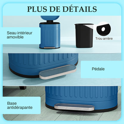 Kitchen Trash Can, 20L, Pedal Trash Can, Oval, Metal with Soft-Closing Lid, Fingerprint-Proof, Removable Inner Bucket, 36.5 x 31.2 x 45 cm, Blue