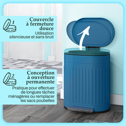 Kitchen Trash Can, 20L, Pedal Trash Can, Oval, Metal with Soft-Closing Lid, Fingerprint-Proof, Removable Inner Bucket, 36.5 x 31.2 x 45 cm, Blue