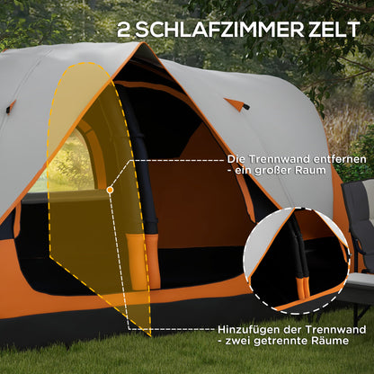 Camping Tent, Tunnel Tent for 6-8 Persons, with Light Hook, Mesh Windows, 2 Rooms Windproof Family Tent with Carrying Bag, 2000mm Waterproof Group Tent for Camping, Garden, Orange