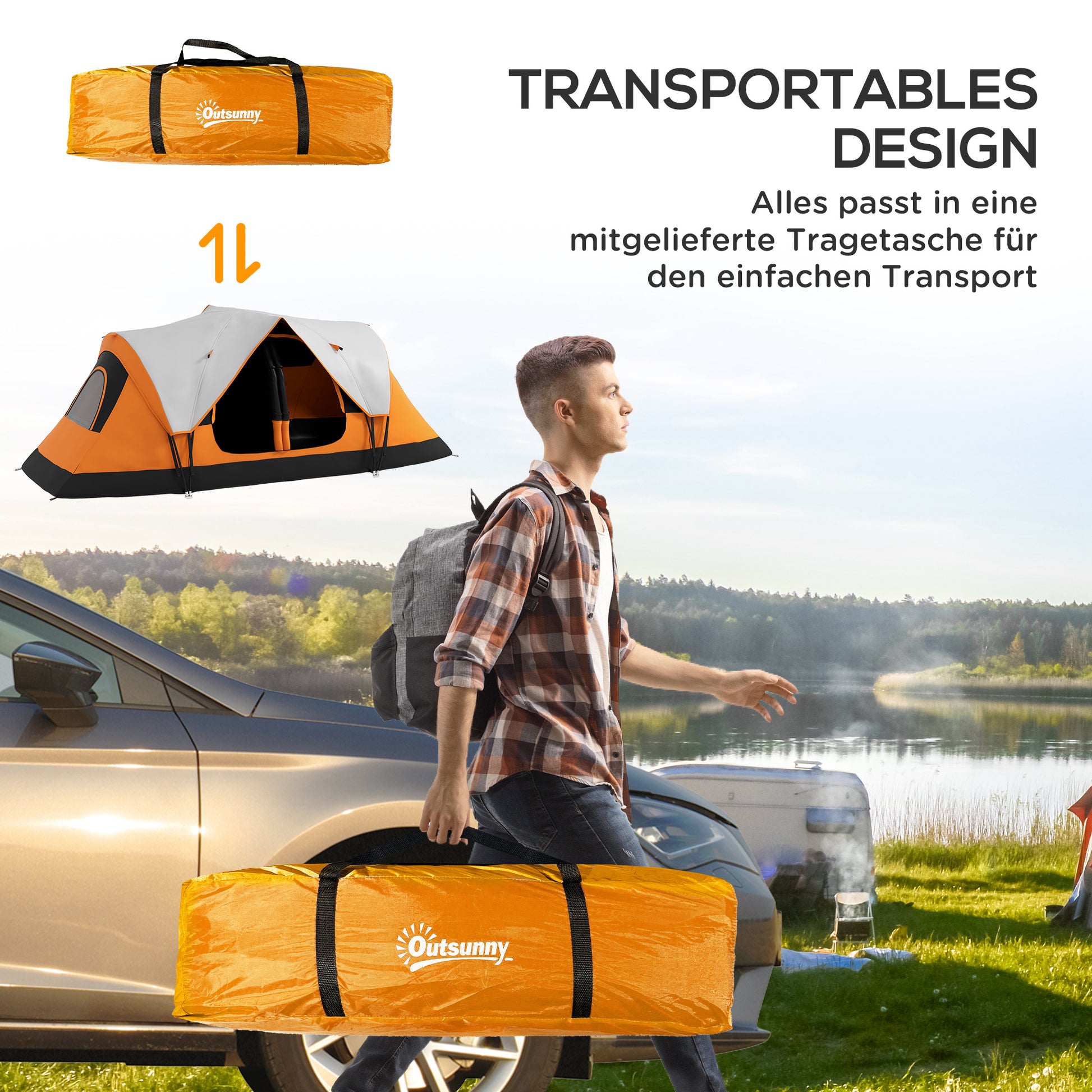 Camping Tent, Tunnel Tent for 6-8 Persons, with Light Hook, Mesh Windows, 2 Rooms Windproof Family Tent with Carrying Bag, 2000mm Waterproof Group Tent for Camping, Garden, Orange