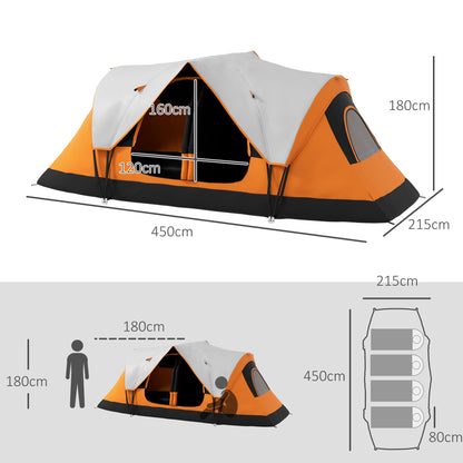 Camping Tent, Tunnel Tent for 6-8 Persons, with Light Hook, Mesh Windows, 2 Rooms Windproof Family Tent with Carrying Bag, 2000mm Waterproof Group Tent for Camping, Garden, Orange