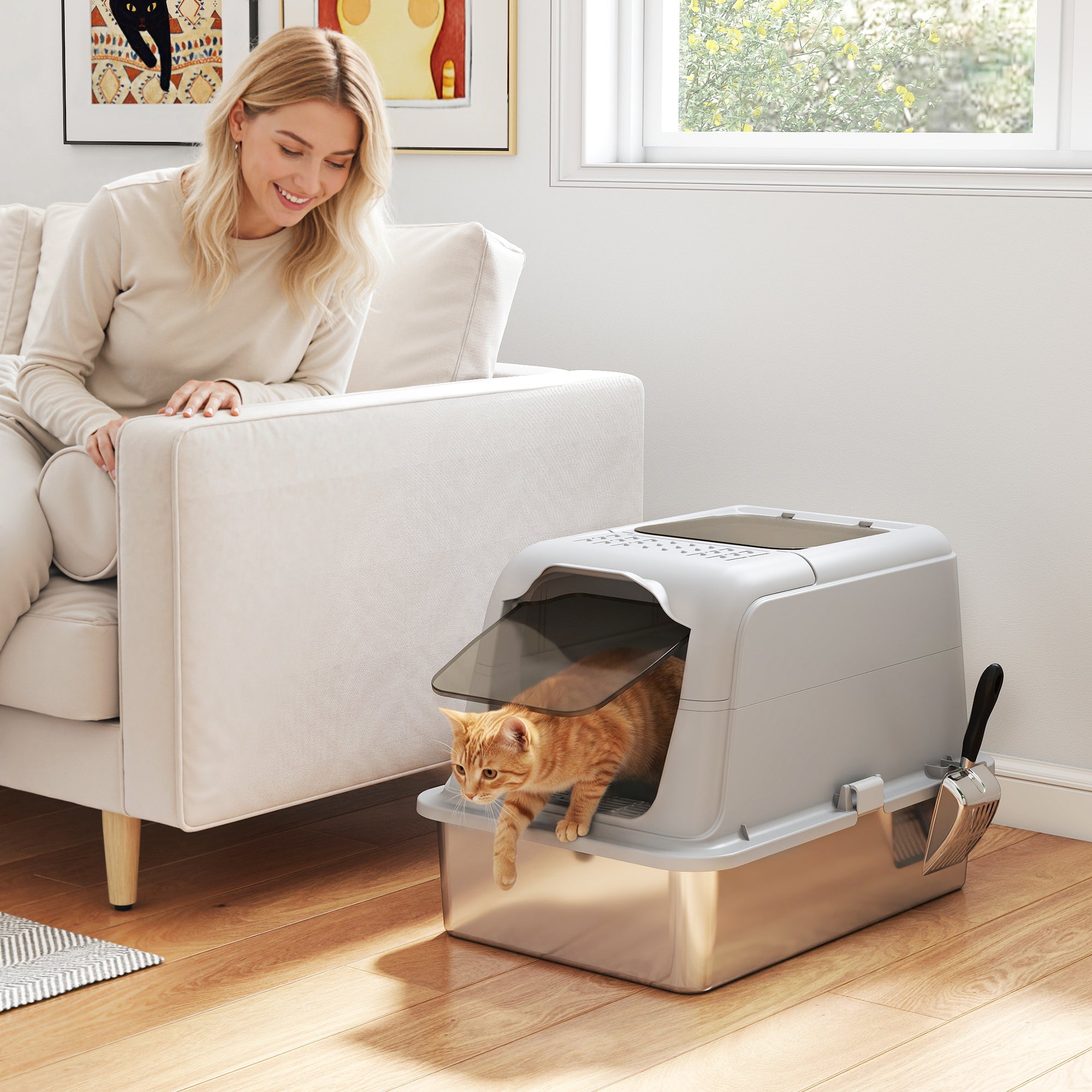 Covered Cat Litter Box with Stainless Steel Tray — Anti-Tracking, Leak-Resistant, Easy-Clean; For Large Cats up to 8 kg (17.6 lb), 60.4 x 40.4 x 41.8 cm (23.8 x 15.9 x 16.5 in), Light Gray & Black