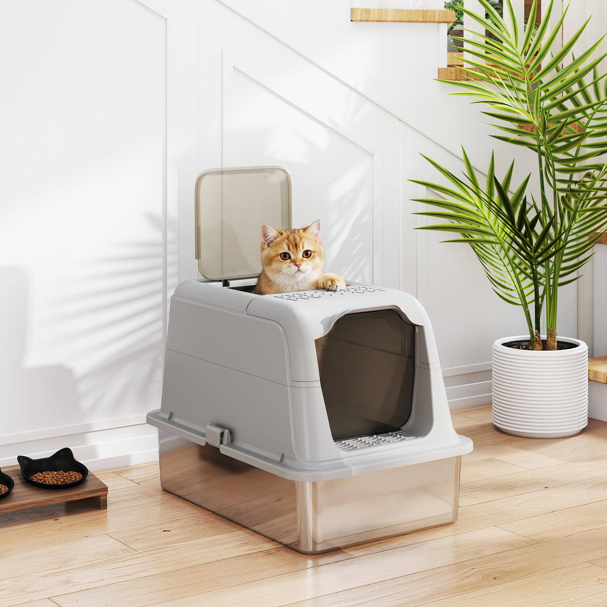 Covered Cat Litter Box with Stainless Steel Tray — Anti-Tracking, Leak-Resistant, Easy-Clean; For Large Cats up to 8 kg (17.6 lb), 60.4 x 40.4 x 41.8 cm (23.8 x 15.9 x 16.5 in), Light Gray & Black