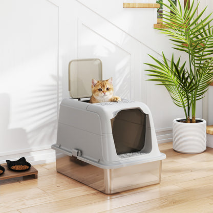Covered Cat Litter Box with Stainless Steel Tray — Anti-Tracking, Leak-Resistant, Easy-Clean; For Large Cats up to 8 kg (17.6 lb), 60.4 x 40.4 x 41.8 cm (23.8 x 15.9 x 16.5 in), Light Gray & Black