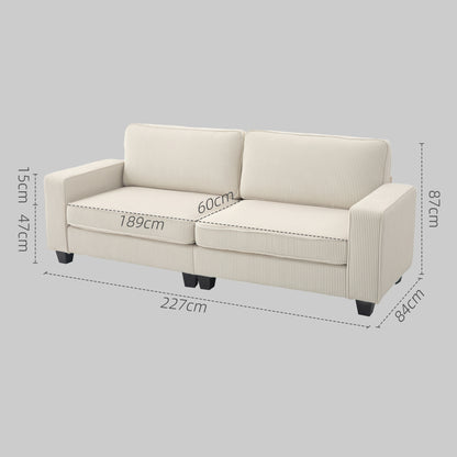 3-Seater Sofa, Couch with Armrests, Back Cushions, Living Room Sofa with Corduroy Cover, Spring Core, Upholstered Sofa for Living Room, Bedroom 227 x 84 x 87 cm, Cream