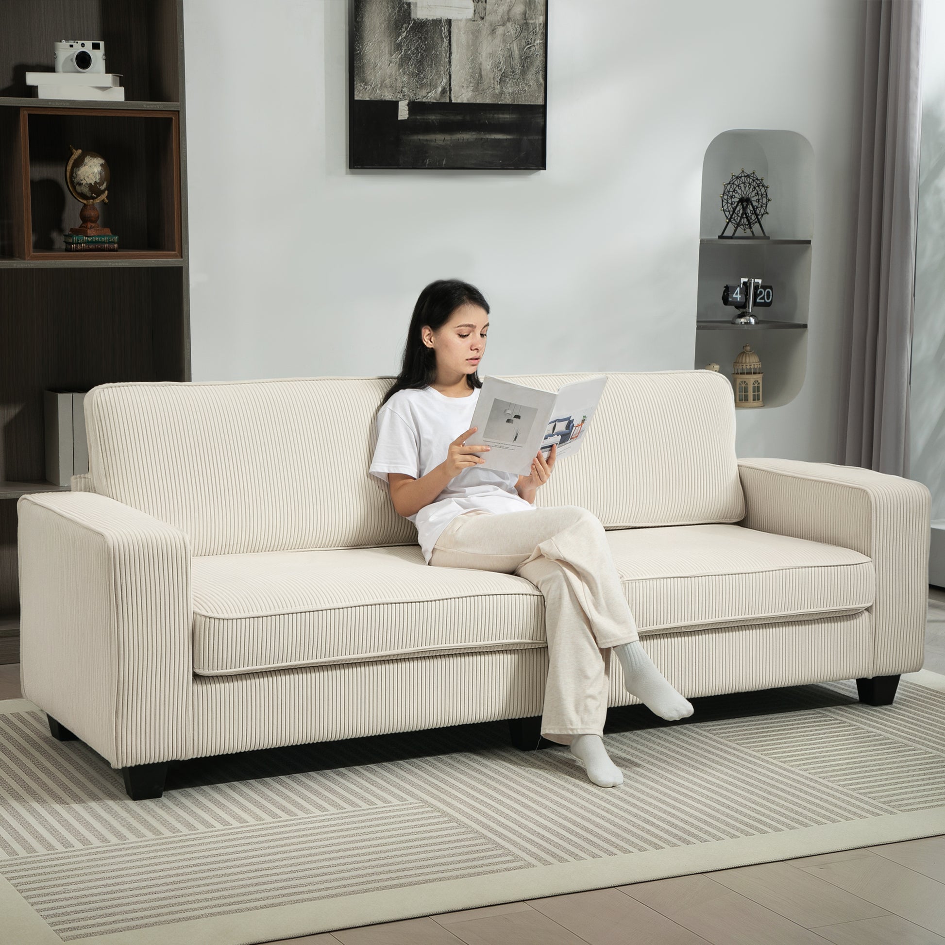 3-Seater Sofa, Couch with Armrests, Back Cushions, Living Room Sofa with Corduroy Cover, Spring Core, Upholstered Sofa for Living Room, Bedroom 227 x 84 x 87 cm, Cream