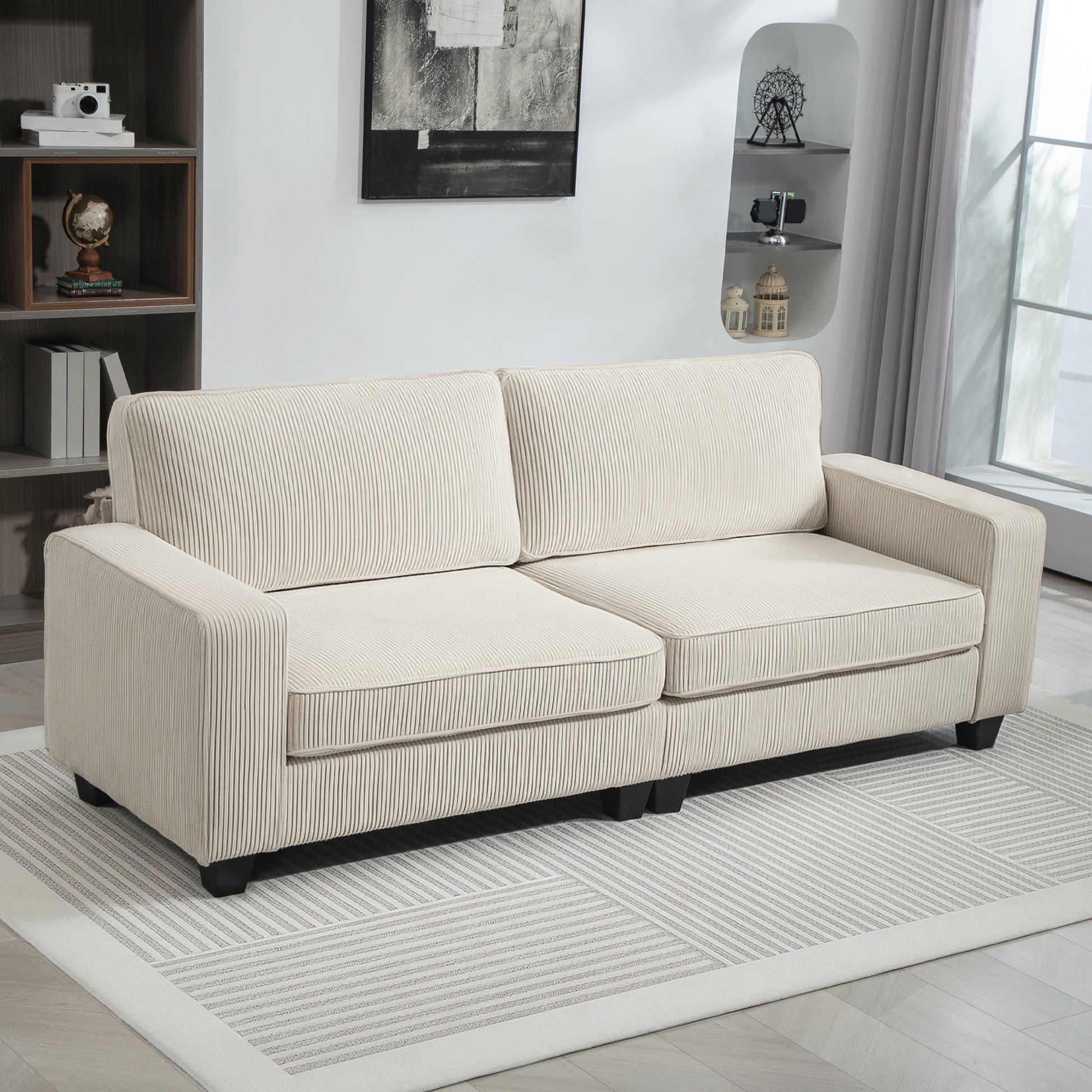 3-Seater Sofa, Couch with Armrests, Back Cushions, Living Room Sofa with Corduroy Cover, Spring Core, Upholstered Sofa for Living Room, Bedroom 227 x 84 x 87 cm, Cream