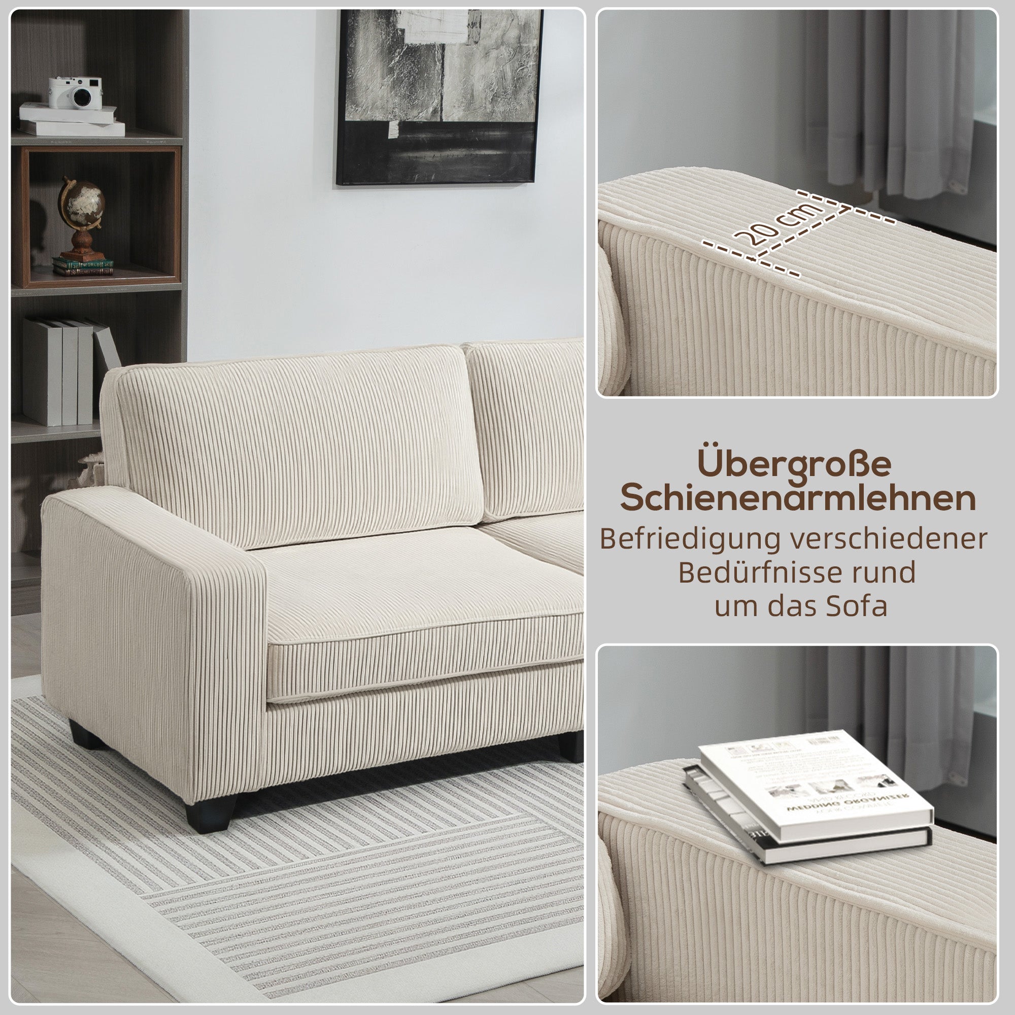 3-Seater Sofa, Couch with Armrests, Back Cushions, Living Room Sofa with Corduroy Cover, Spring Core, Upholstered Sofa for Living Room, Bedroom 227 x 84 x 87 cm, Cream