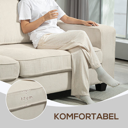 3-Seater Sofa, Couch with Armrests, Back Cushions, Living Room Sofa with Corduroy Cover, Spring Core, Upholstered Sofa for Living Room, Bedroom 227 x 84 x 87 cm, Cream