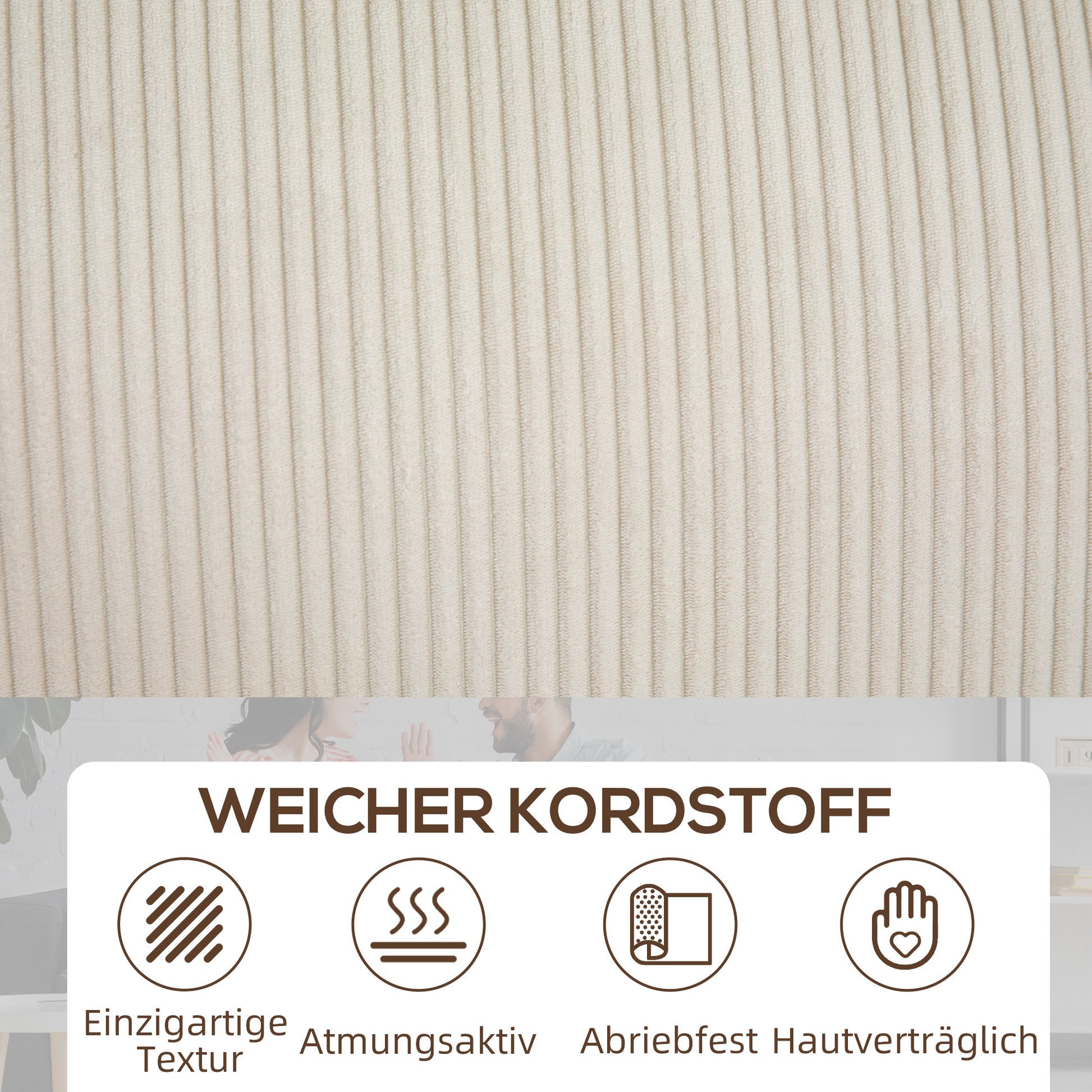 3-Seater Sofa, Couch with Armrests, Back Cushions, Living Room Sofa with Corduroy Cover, Spring Core, Upholstered Sofa for Living Room, Bedroom 227 x 84 x 87 cm, Cream