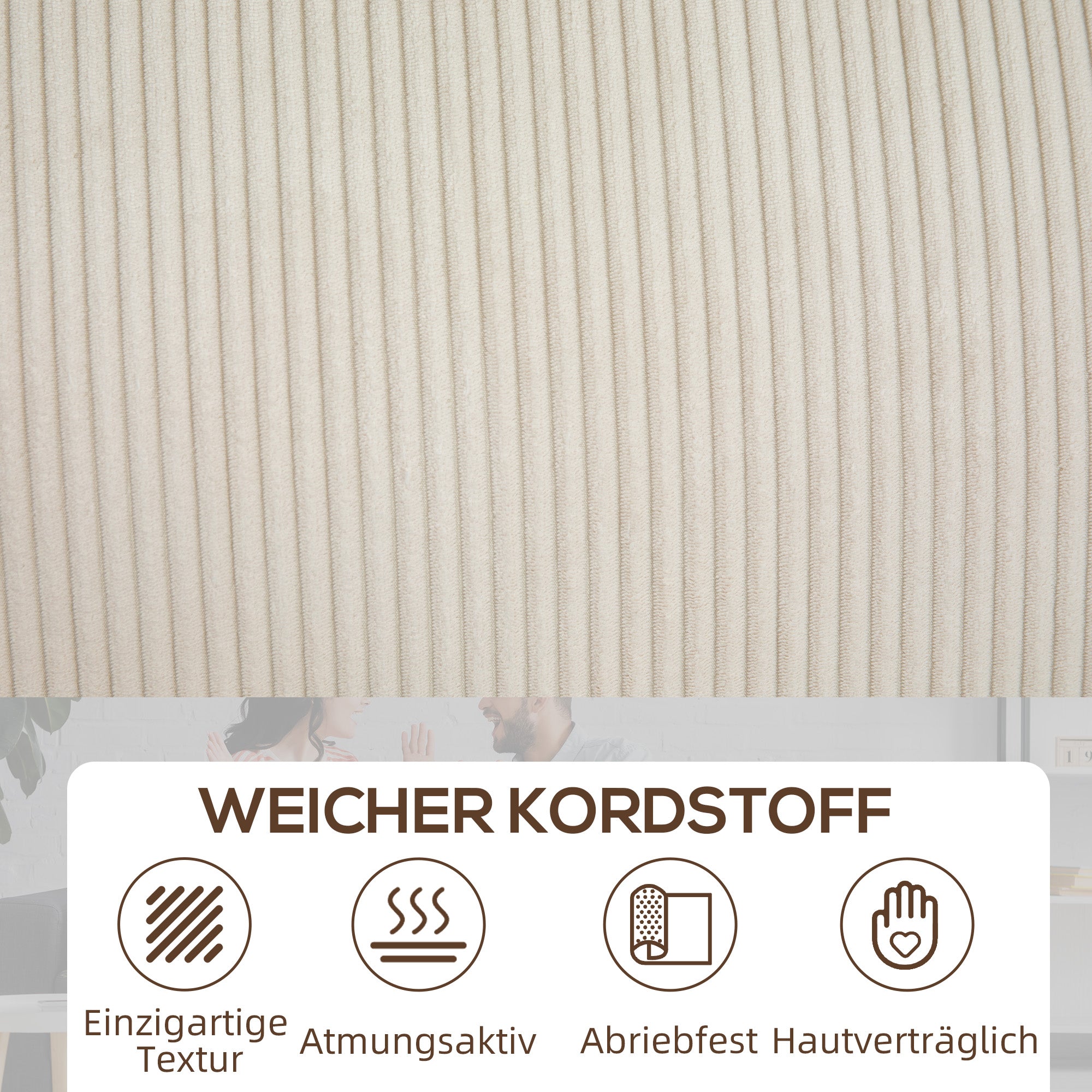 3-Seater Sofa, Couch with Armrests, Back Cushions, Living Room Sofa with Corduroy Cover, Spring Core, Upholstered Sofa for Living Room, Bedroom 227 x 84 x 87 cm, Cream