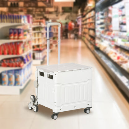 Folding Shopping Cart, Shopping Trolley with Adjustable Telescopic Handle, Stair Climber with Lid, Transport Trolley up to 80 kg Capacity, White