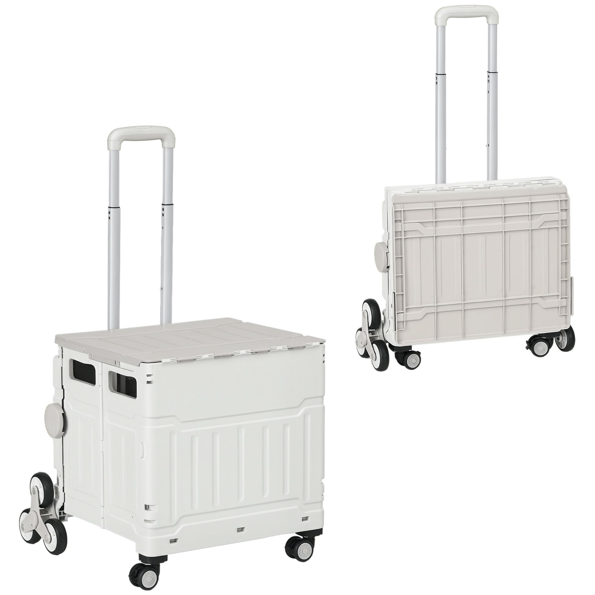 Folding Shopping Cart, Shopping Trolley with Adjustable Telescopic Handle, Stair Climber with Lid, Transport Trolley up to 80 kg Capacity, White