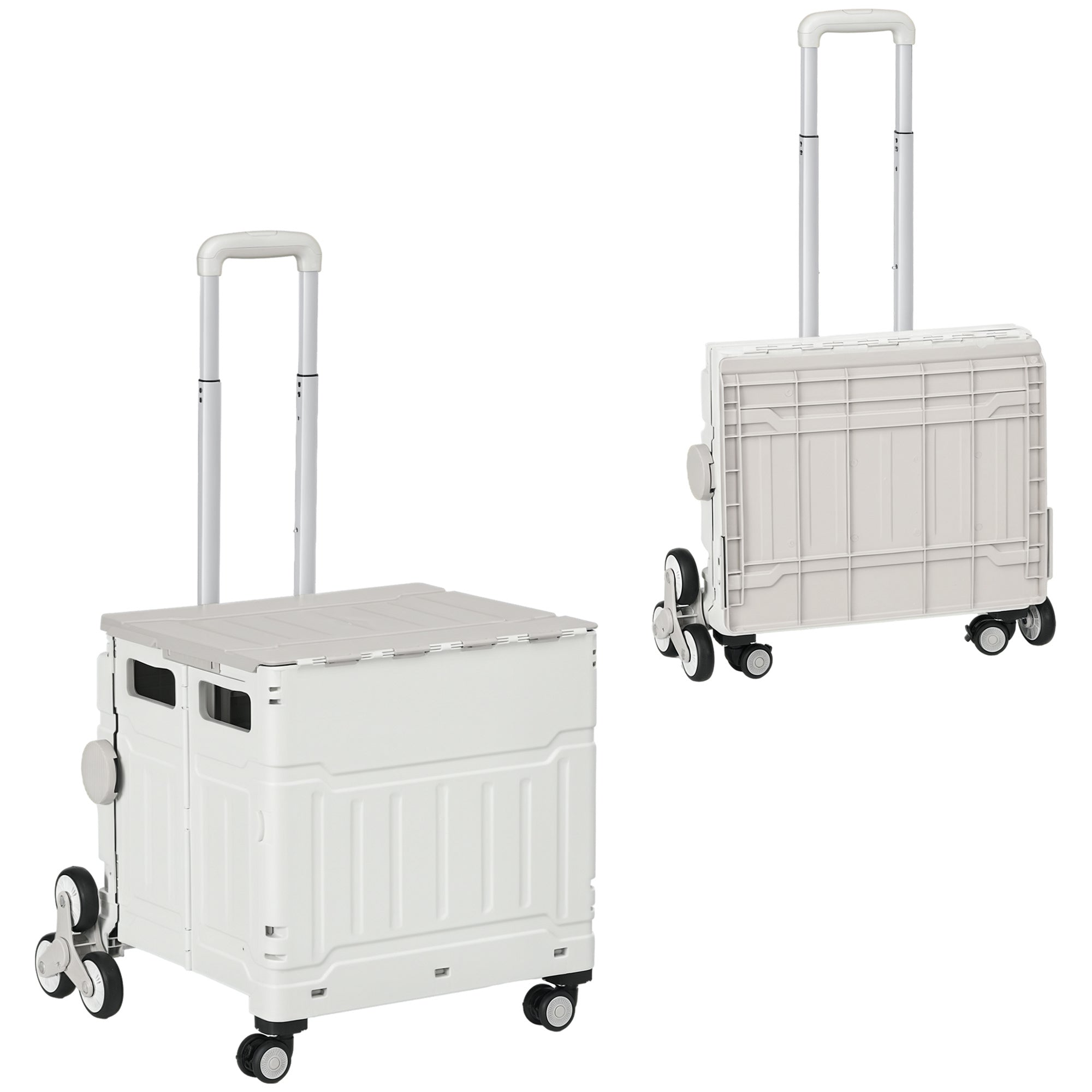 Folding Shopping Cart, Shopping Trolley with Adjustable Telescopic Handle, Stair Climber with Lid, Transport Trolley up to 80 kg Capacity, White