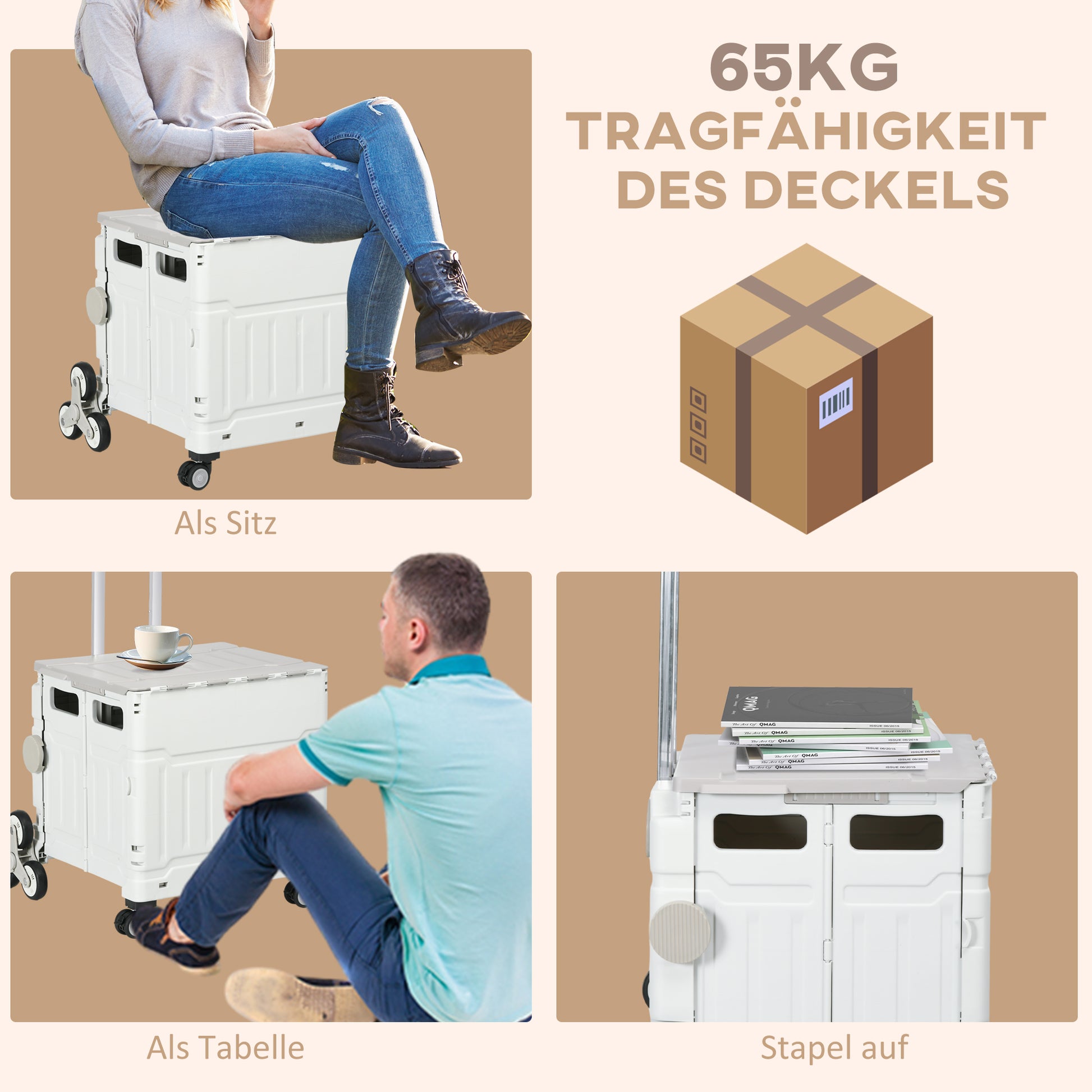 Folding Shopping Cart, Shopping Trolley with Adjustable Telescopic Handle, Stair Climber with Lid, Transport Trolley up to 80 kg Capacity, White