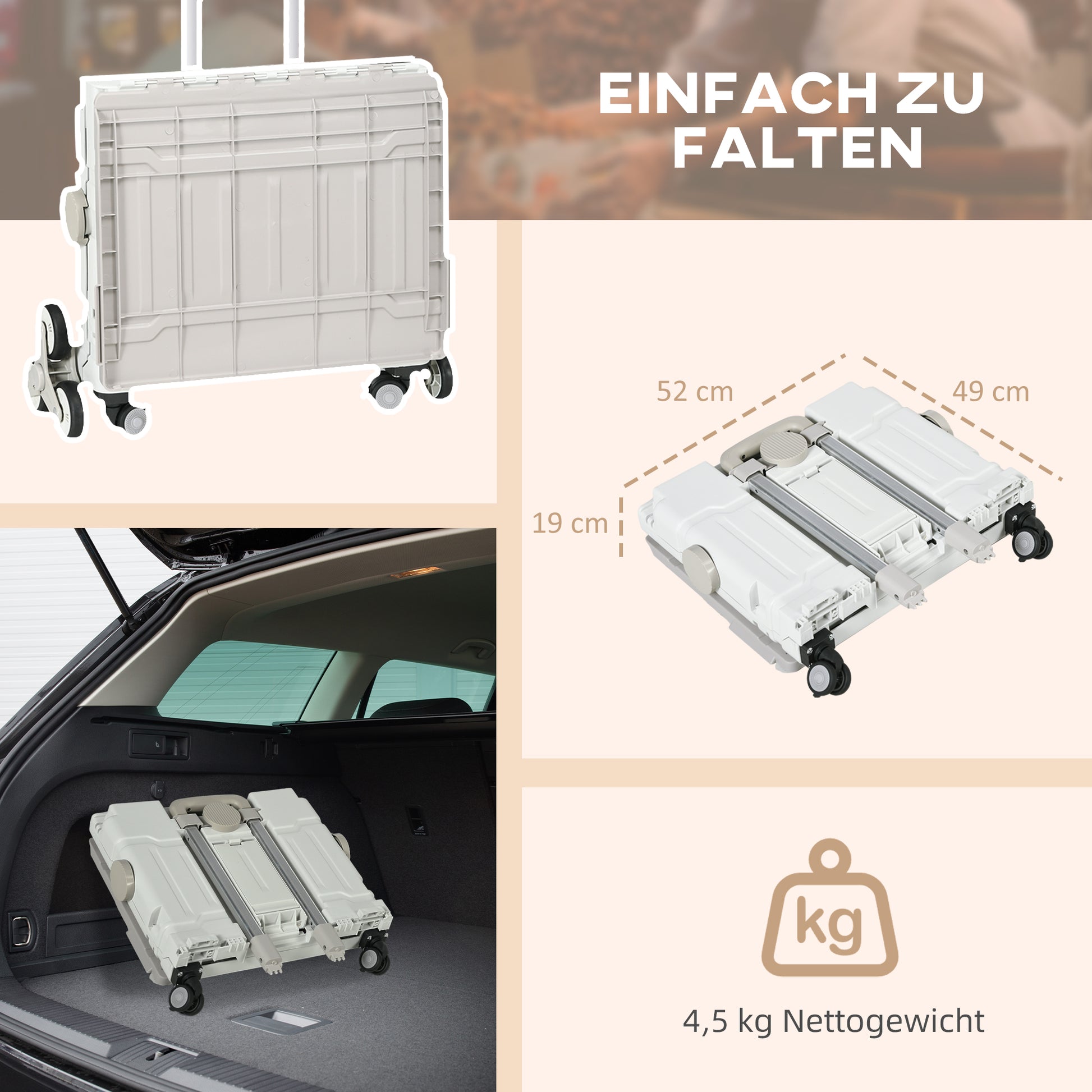 Folding Shopping Cart, Shopping Trolley with Adjustable Telescopic Handle, Stair Climber with Lid, Transport Trolley up to 80 kg Capacity, White