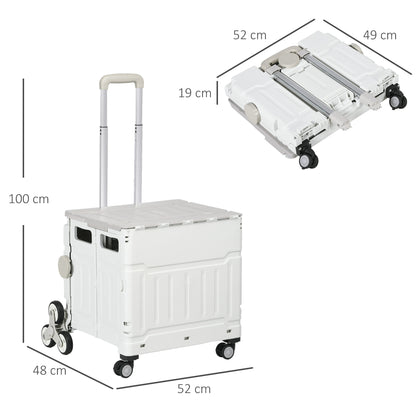 Folding Shopping Cart, Shopping Trolley with Adjustable Telescopic Handle, Stair Climber with Lid, Transport Trolley up to 80 kg Capacity, White