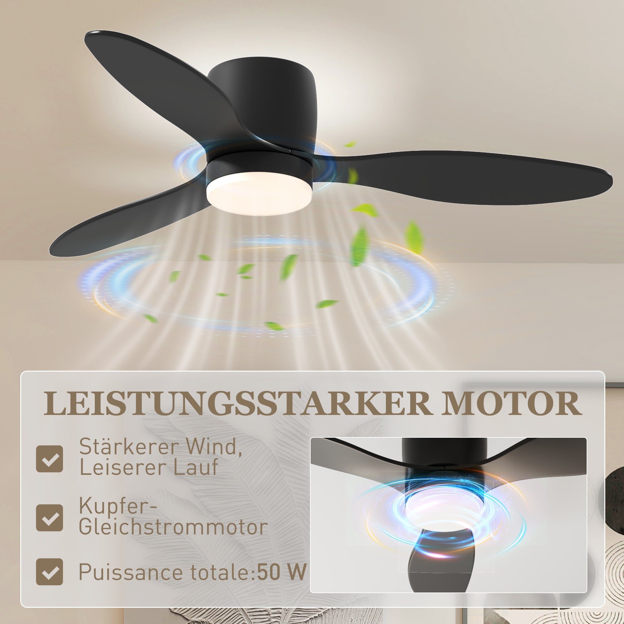 Ceiling Fan with Lighting and Remote Control 115 cm Fan with LED Lamp, Reversible DC Motor, 3 ABS Blades, 3 Light Colors, 6 Speeds, Timer, for Bedroom Living Room