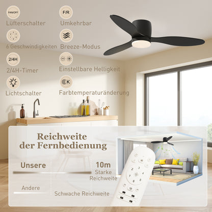 Ceiling Fan with Lighting and Remote Control 115 cm Fan with LED Lamp, Reversible DC Motor, 3 ABS Blades, 3 Light Colors, 6 Speeds, Timer, for Bedroom Living Room