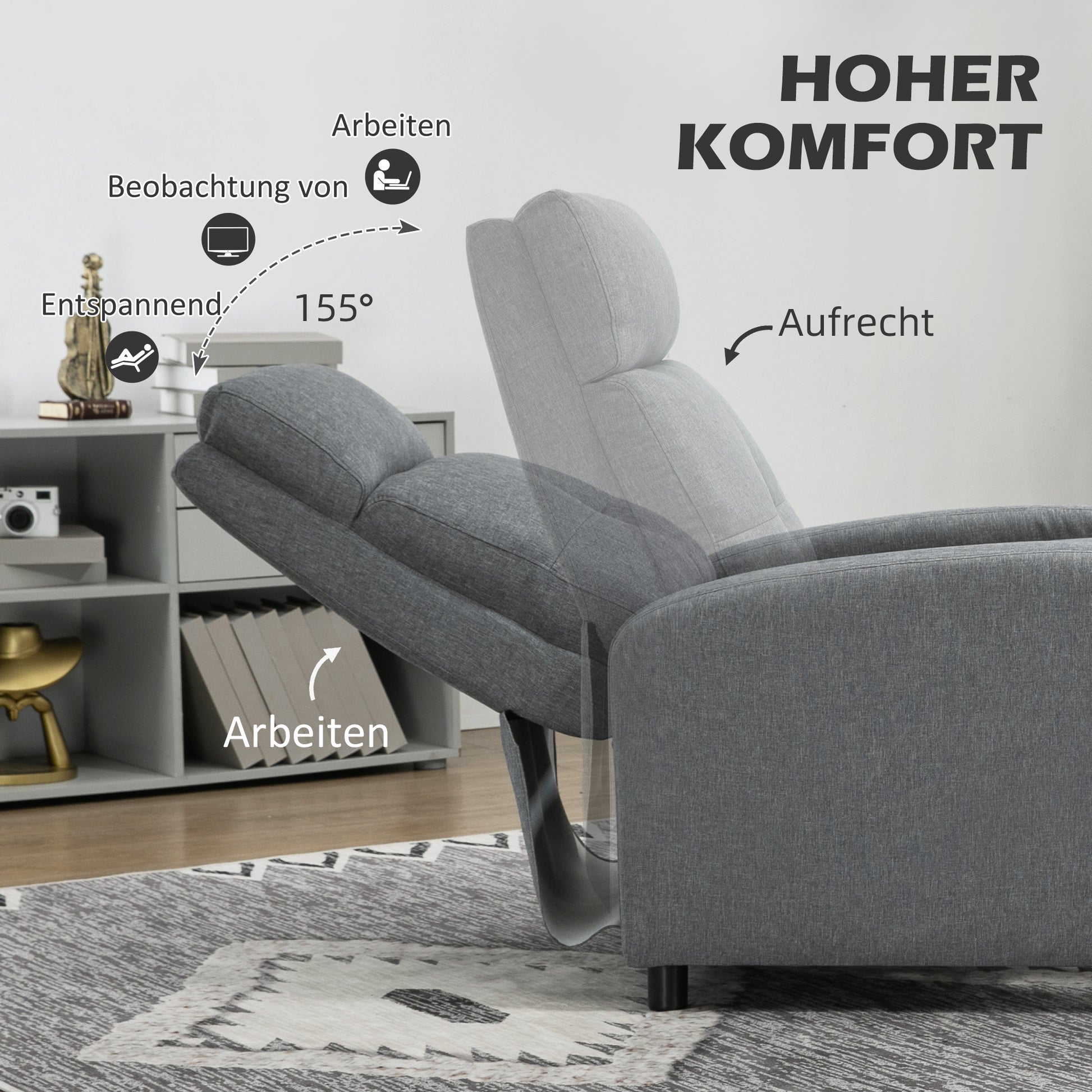 Reclining Armchair, TV Armchair with Reclining Function, TV Armchair with Linen Look, Upholstered Recliner with Pocket Spring Core, Relaxing Armchair up to 150 kg Load Capacity for Living Room, Gray