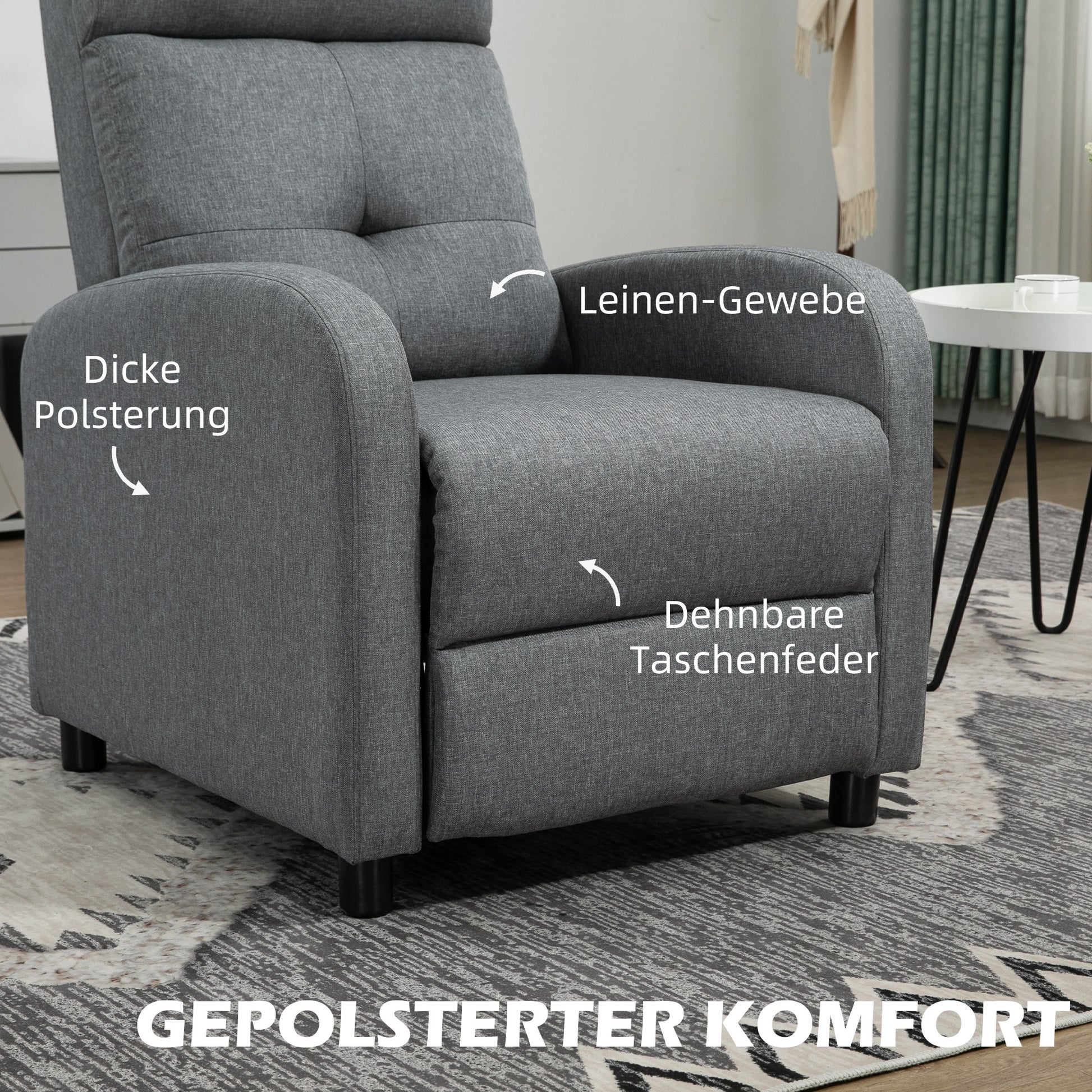 Reclining Armchair, TV Armchair with Reclining Function, TV Armchair with Linen Look, Upholstered Recliner with Pocket Spring Core, Relaxing Armchair up to 150 kg Load Capacity for Living Room, Gray