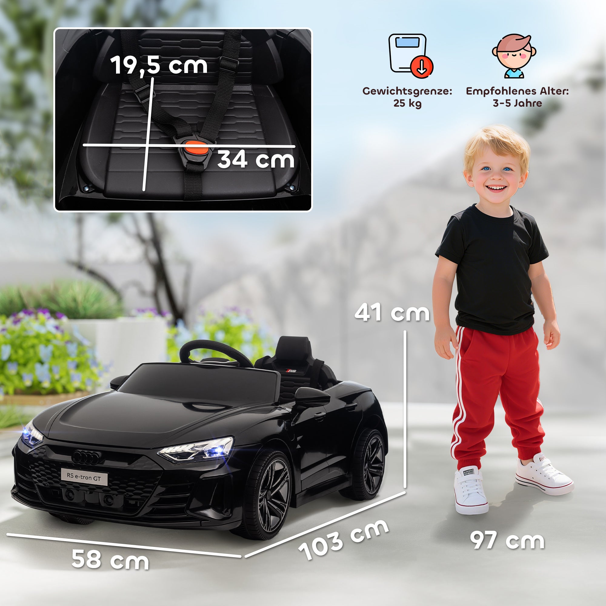 Children's Electric Car, Kids Car with Remote Control, AUDI RS e-tron GT Kids Vehicle with Safety Belt, Horn & Music & Headlights, up to 5 km/h, for Kids 3-5 Years, Black