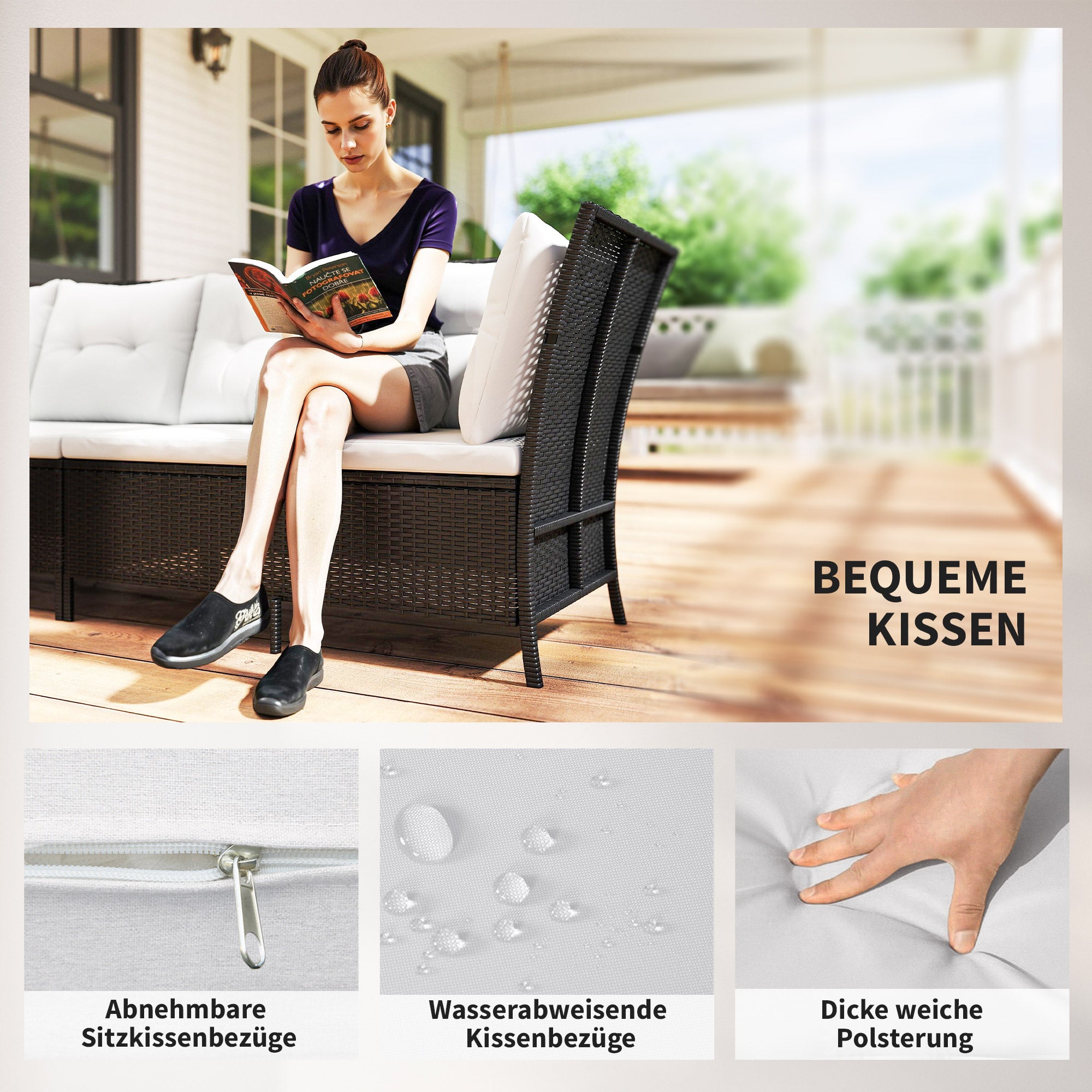 18 pcs Seating Group Lounge Garden Furniture Set Sofa Set Rattan Outdoor Patio Set, Black+Cream White
