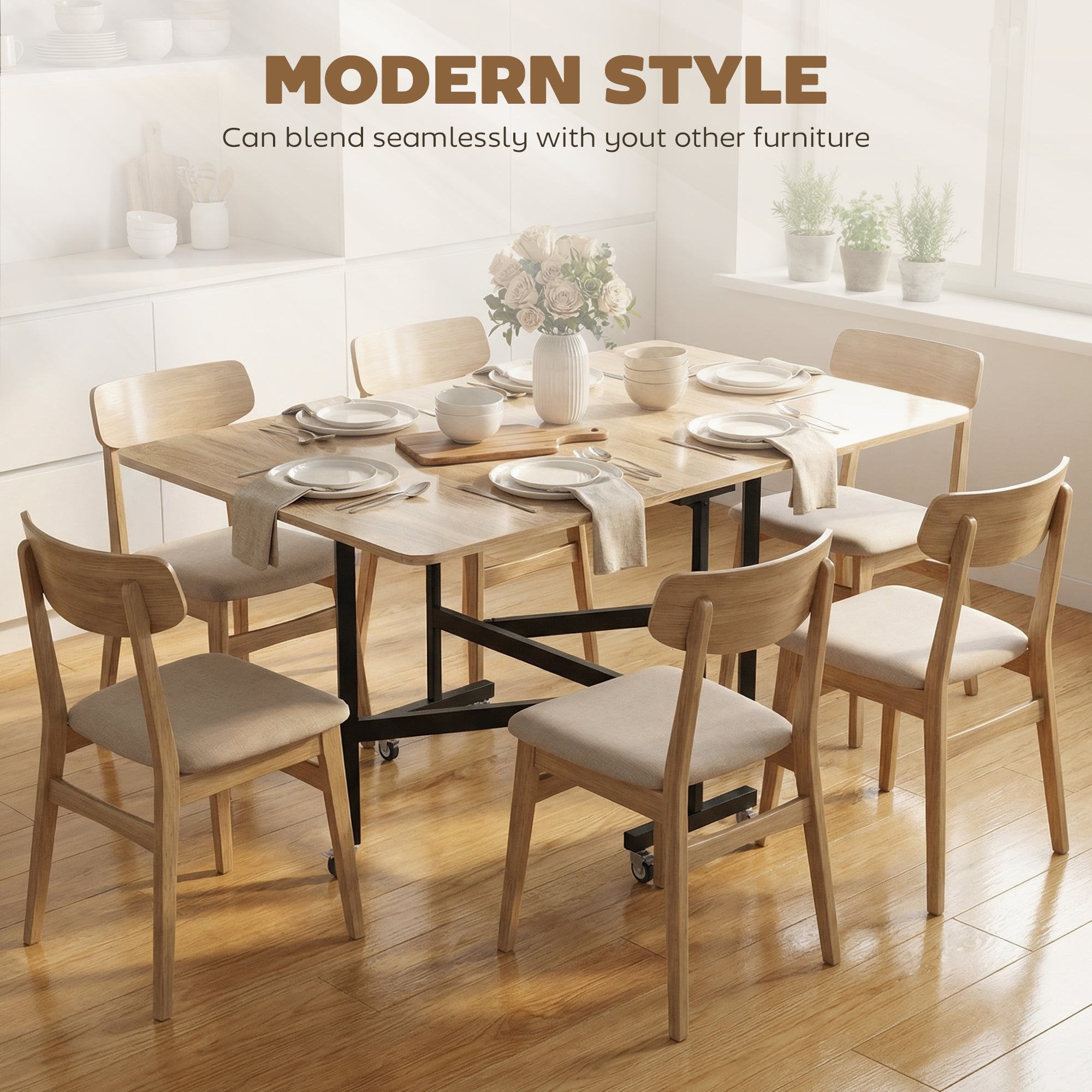 Folding Dining Table for 4–6 with Wheels, Steel Legs, Mobile Foldable Table for Small Spaces, Kitchen & Dining, 120 x 80 x 73 cm, Oak