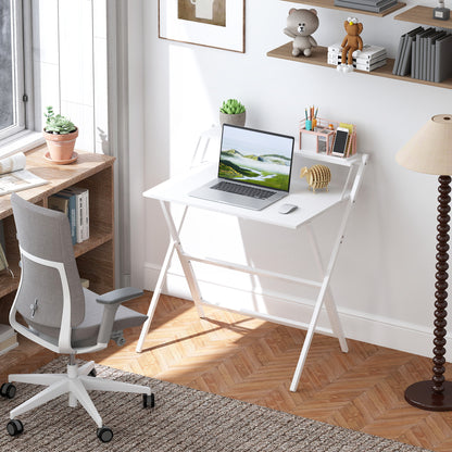 Folding Computer Desk 75.5 x 50 cm with Storage Shelf, Writing Table for Bedroom, Small Spaces, White