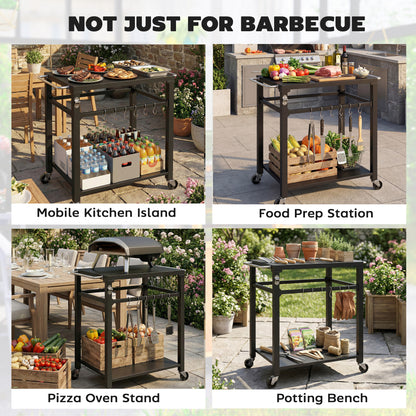 Outdoor Grill Cart — Pizza Oven Stand with Metal Worktop, 2-Tier Rolling Kitchen Station with Hooks, Handle & Locking Wheels, Black
