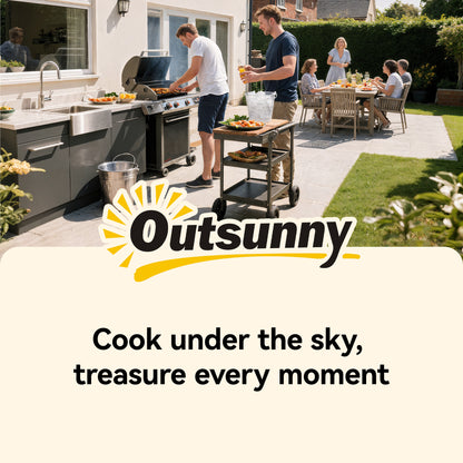 Outdoor Grill Cart — Pizza Oven Stand with Metal Worktop, 2-Tier Rolling Kitchen Station with Hooks, Handle & Locking Wheels, Black