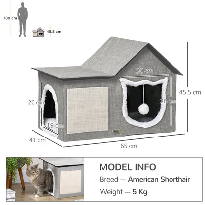 Cat Cave, Cat House with Scratching Surface, Cat Cabin with Double Doors, Cozy Cave with Pillow, Cat Bed with Play Ball, Polyester, Gray, 65 x 41 x 45.5 cm