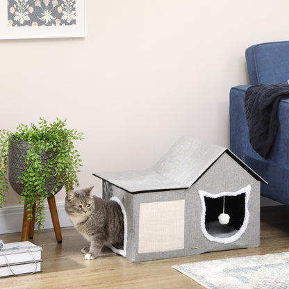 Cat Cave, Cat House with Scratching Surface, Cat Cabin with Double Doors, Cozy Cave with Pillow, Cat Bed with Play Ball, Polyester, Gray, 65 x 41 x 45.5 cm