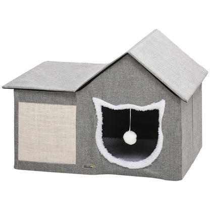 Cat Cave, Cat House with Scratching Surface, Cat Cabin with Double Doors, Cozy Cave with Pillow, Cat Bed with Play Ball, Polyester, Gray, 65 x 41 x 45.5 cm