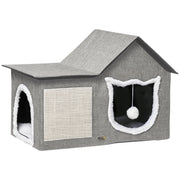 Cat Cave, Cat House with Scratching Surface, Cat Cabin with Double Doors, Cozy Cave with Pillow, Cat Bed with Play Ball, Polyester, Gray, 65 x 41 x 45.5 cm
