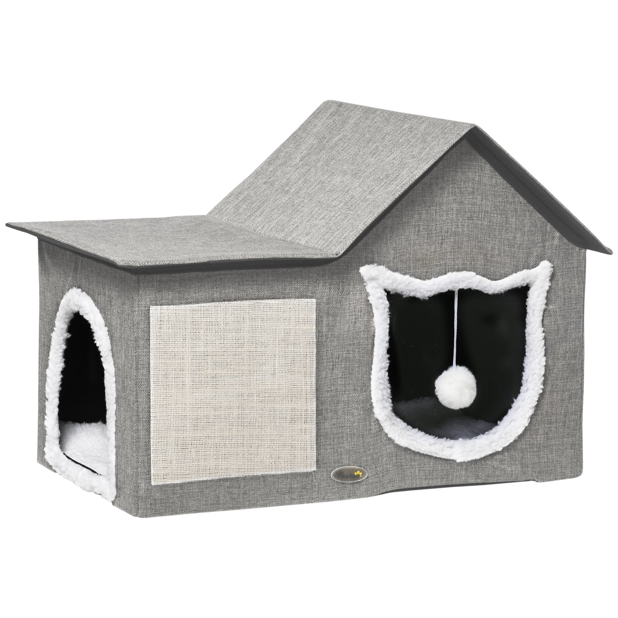 Cat Cave, Cat House with Scratching Surface, Cat Cabin with Double Doors, Cozy Cave with Pillow, Cat Bed with Play Ball, Polyester, Gray, 65 x 41 x 45.5 cm
