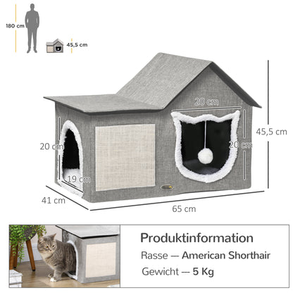 Cat Cave, Cat House with Scratching Surface, Cat Cabin with Double Doors, Cozy Cave with Pillow, Cat Bed with Play Ball, Polyester, Gray, 65 x 41 x 45.5 cm