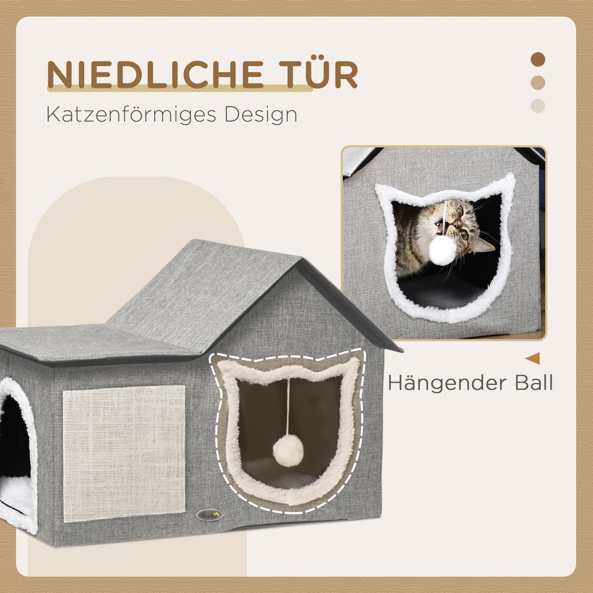 Cat Cave, Cat House with Scratching Surface, Cat Cabin with Double Doors, Cozy Cave with Pillow, Cat Bed with Play Ball, Polyester, Gray, 65 x 41 x 45.5 cm