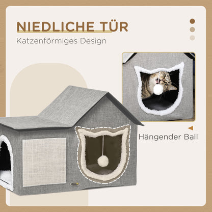 Cat Cave, Cat House with Scratching Surface, Cat Cabin with Double Doors, Cozy Cave with Pillow, Cat Bed with Play Ball, Polyester, Gray, 65 x 41 x 45.5 cm