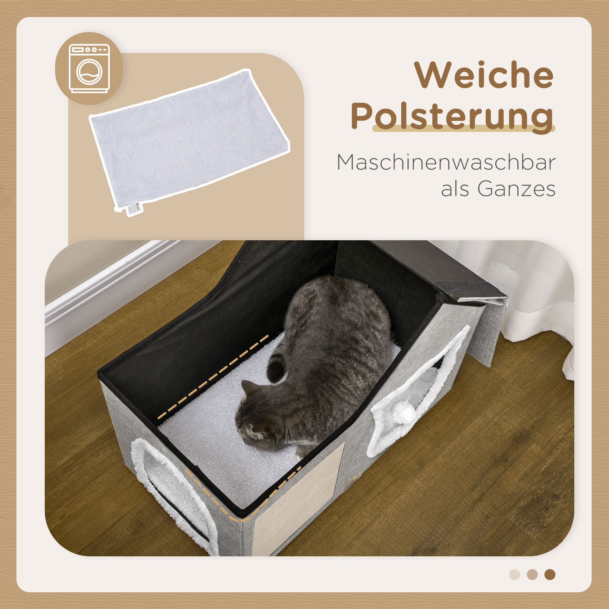 Cat Cave, Cat House with Scratching Surface, Cat Cabin with Double Doors, Cozy Cave with Pillow, Cat Bed with Play Ball, Polyester, Gray, 65 x 41 x 45.5 cm