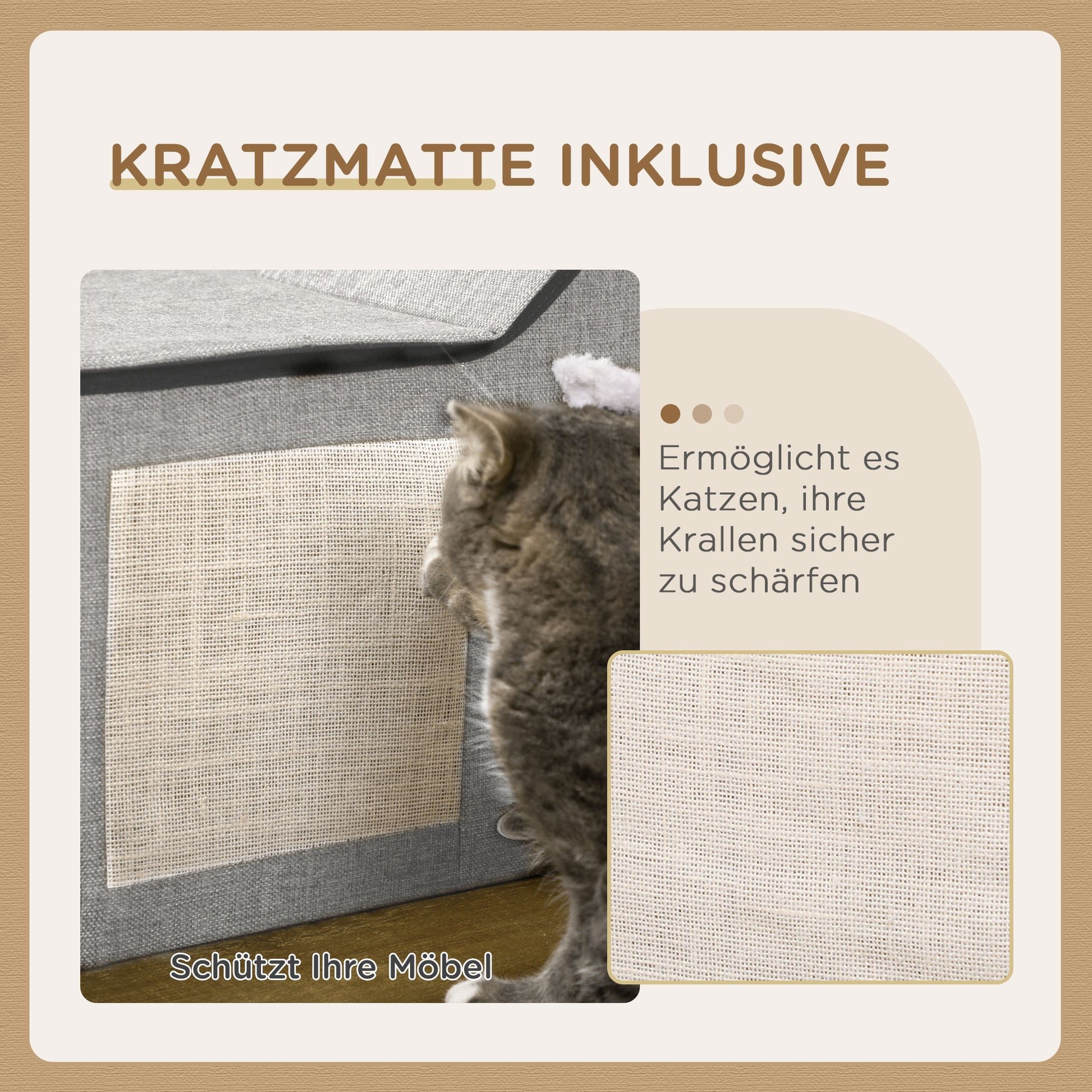 Cat Cave, Cat House with Scratching Surface, Cat Cabin with Double Doors, Cozy Cave with Pillow, Cat Bed with Play Ball, Polyester, Gray, 65 x 41 x 45.5 cm