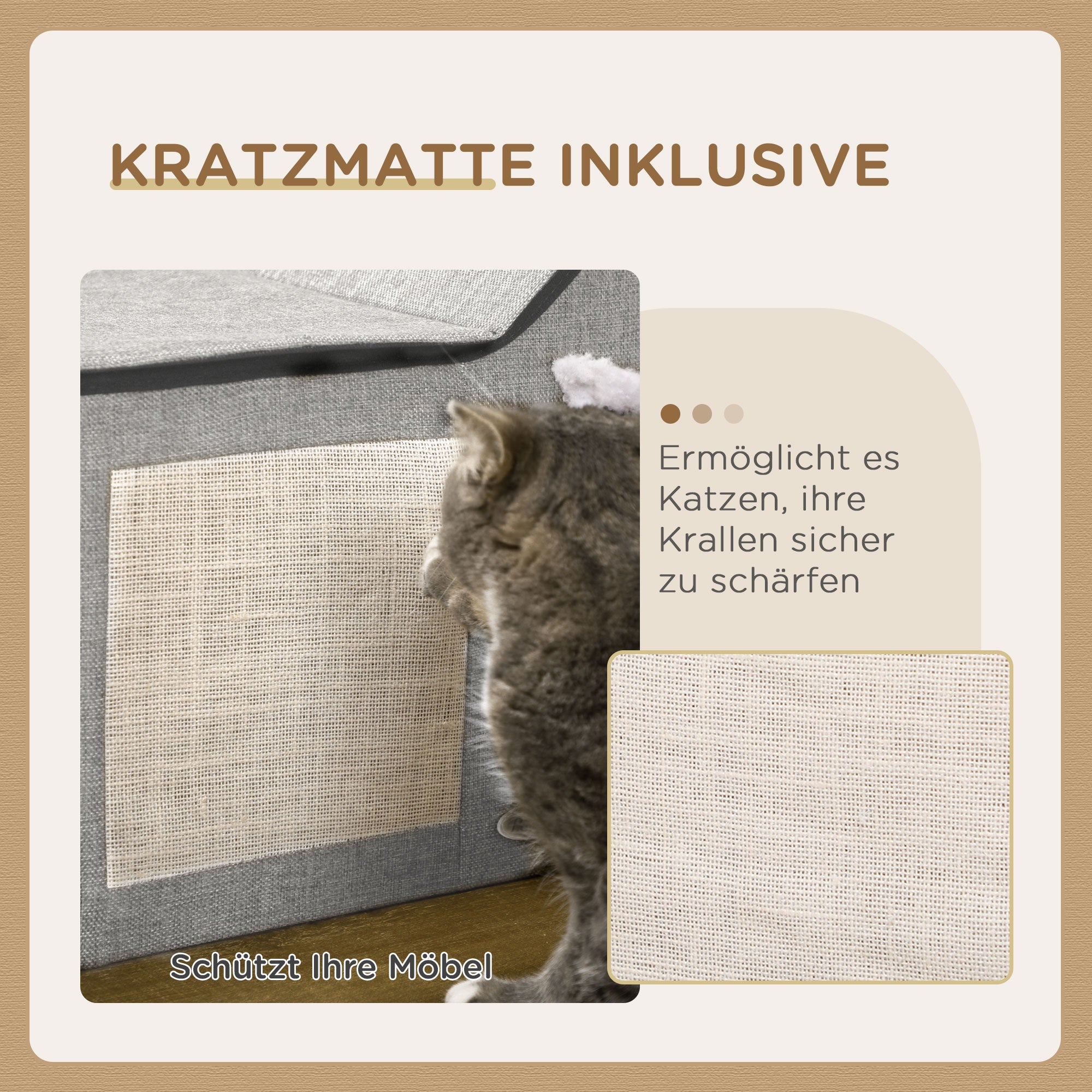 Cat Cave, Cat House with Scratching Surface, Cat Cabin with Double Doors, Cozy Cave with Pillow, Cat Bed with Play Ball, Polyester, Gray, 65 x 41 x 45.5 cm