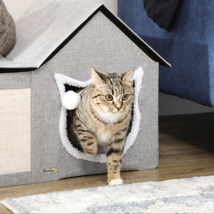 Cat Cave, Cat House with Scratching Surface, Cat Cabin with Double Doors, Cozy Cave with Pillow, Cat Bed with Play Ball, Polyester, Gray, 65 x 41 x 45.5 cm