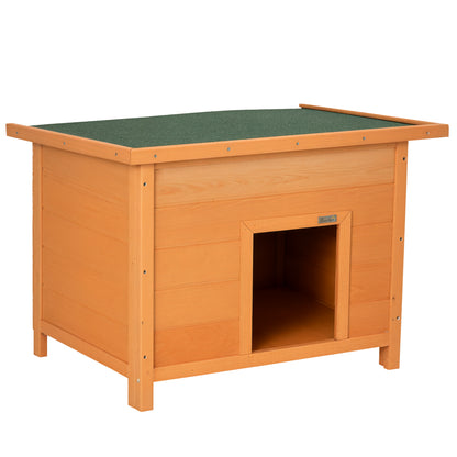 Outdoor Dog House, Wooden Dog Kennel with Flip-Up Asphalt Roof, Waterproof Dog Cave with Raised Floor Shelter for Small Dogs, Yellow, 82 x 58 x 58 cm