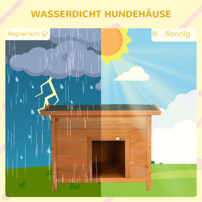 Outdoor Dog House, Wooden Dog Kennel with Flip-Up Asphalt Roof, Waterproof Dog Cave with Raised Floor Shelter for Small Dogs, Yellow, 82 x 58 x 58 cm