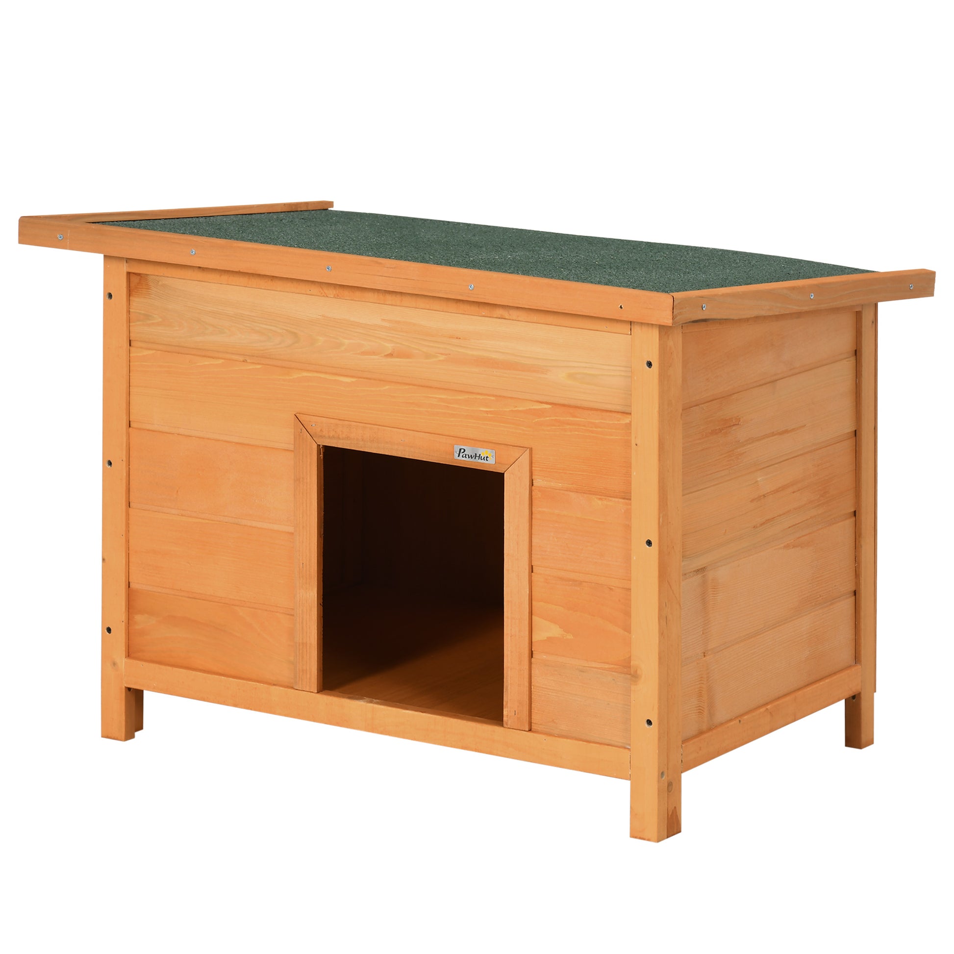 Outdoor Dog House, Wooden Dog Kennel with Flip-Up Asphalt Roof, Waterproof Dog Cave with Raised Floor Shelter for Small Dogs, Yellow, 82 x 58 x 58 cm